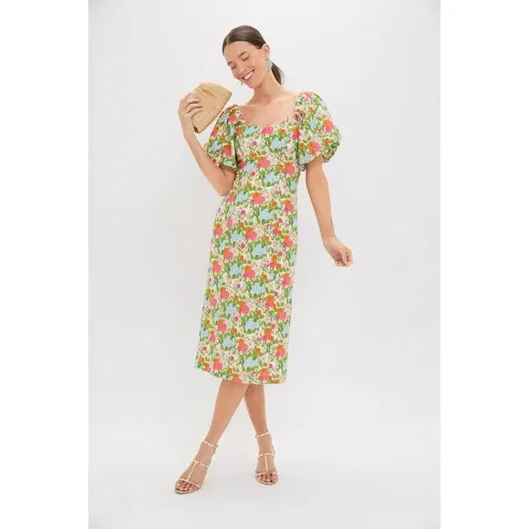 HYACINTH HOUSE Green Multi Begonia Floral Sallie Midi Dress Size XS NWT